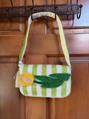 Handmade in India Beaded Striped Shoulder Bag with Yellow Tulip Applique